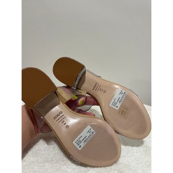 NEW SCHUTZ Victorie PVC Crystal Transparent Strap Leather Mule Sandals Beige 6B - Picture 7 of 11